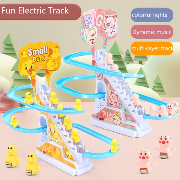 ElectricRC Animali Anatra elettrica Salire le scale Scivoli Set con luci lampeggianti a LED Musica Piste per auto da corsa Roller er Giocattoli educativi per bambini 230922