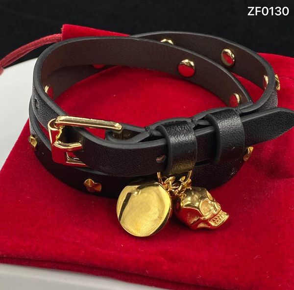 Chic punk couro cinto charme pulseiras 18k banhado a ouro crânio pingente pulseira corrente para mulheres clássico hip hop jóias