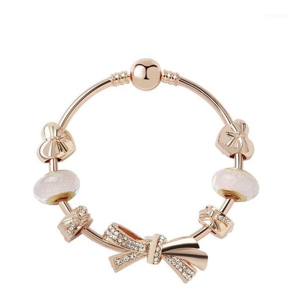Moda originale Pandoras 925 argento oro rosa vetro brillante arco bracciali braccialetti set gioielli fai da te perline fascino regalo di festa Bang245w