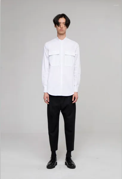 Camisas casuais masculinas camisa de manga longa primavera/verão cor sólida corpo magro simétrico bolso duplo falso duas camadas gola solta