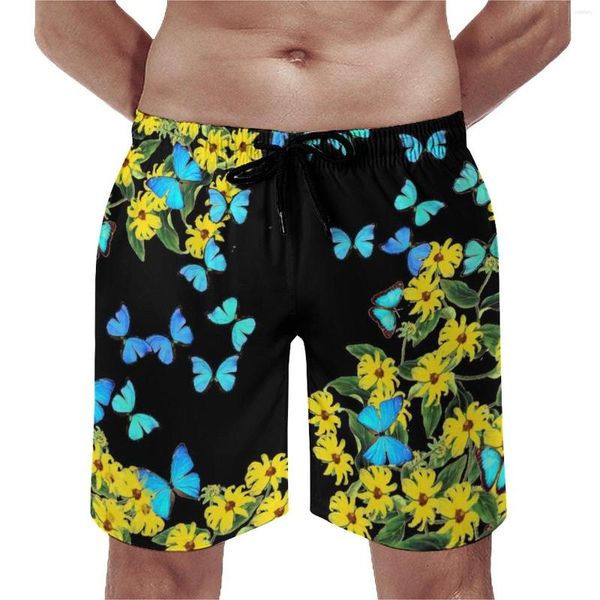 Calções masculinos morfo borboleta floral placa azul borboletas vintage casual praia calças curtas masculino esportes fitness gráfico troncos de natação