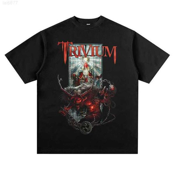 Vintage Trivium Rock Band Rock Scary Print Camiseta de manga curta solta masculina e feminina na moda High Streetiva3