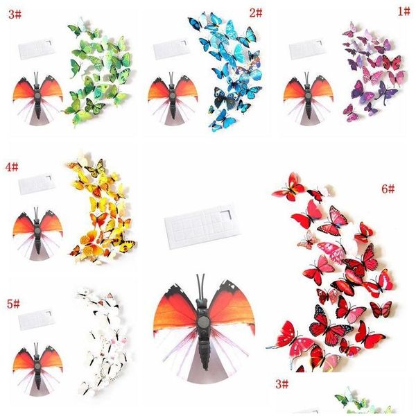 Adesivi murali 12 pezzi 3D farfalla adesivo in PVC simulazione stereoscopico murale magnete per frigorifero decalcomania di arte camera dei bambini decorazioni per la casa consegna di goccia Ga Dhfqa