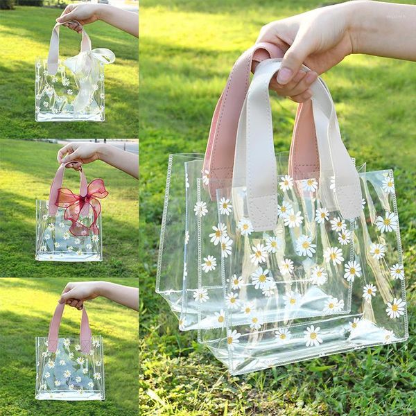 Geschenkpapier Transparente PVC-Tasche Gänseblümchen-Blumenhandtasche Hochzeit Geburtstag Partybevorzugung Süßigkeiten Kuchen Verpackungstaschen Weihnachtsbedarf