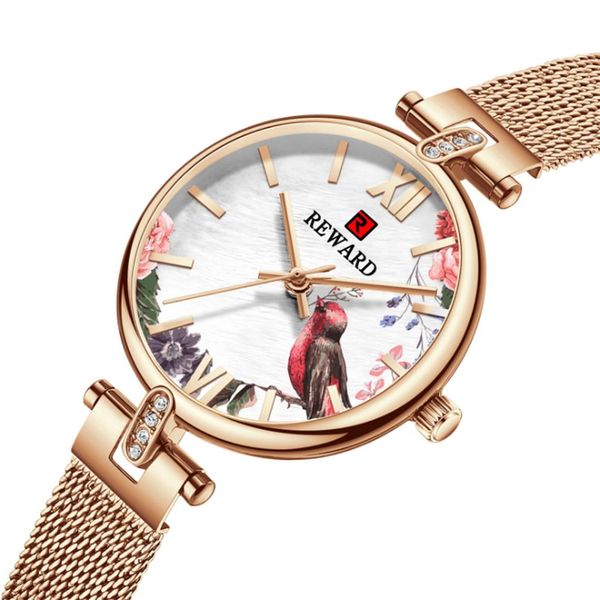 Relógio feminino de quartzo com estampa exclusiva, relógios brilhantes, flores e pássaros, mostrador feminino, estilo ins, vidro mineral brilhante m229r
