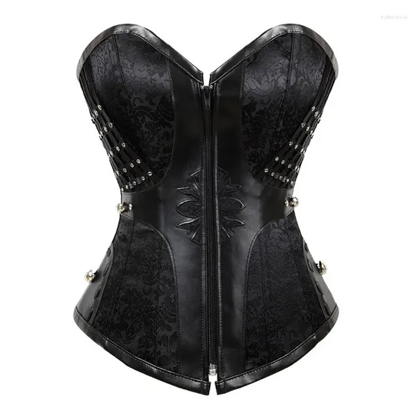 Bustini Corsetti Corsetto Steampunk Bustier disossato in acciaio Abiti gotici Cerniera anteriore Overbust per le donne