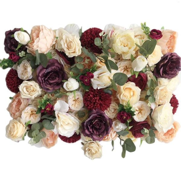 Flores decorativas TONGFENG Champanhe Borgonha Artificial Seda Rosa Planta Roll Up Flor Painel de Parede Aniversário Casamento Cenário Decoração Para