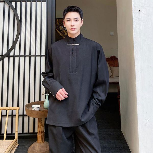 Männer Casual Hemden SYUHGFA Herbst Chinesischen Stil Stehkragen Tops Lose Langarm Trendy Männlich Vintage Klassische Pullover