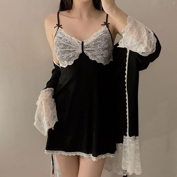 Mulheres sleepwear outono sexy rendas mulheres nightyrobe conjunto camisola retalhos macio modal nightdress solto roupão casa vestido