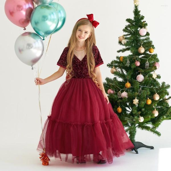 Платья для девочек, красное длинное официальное платье принцессы для девочек, платье для первого причастия, детская одежда с блестками, рождественская одежда на свадьбу, вечер, день рождения, Vestidos