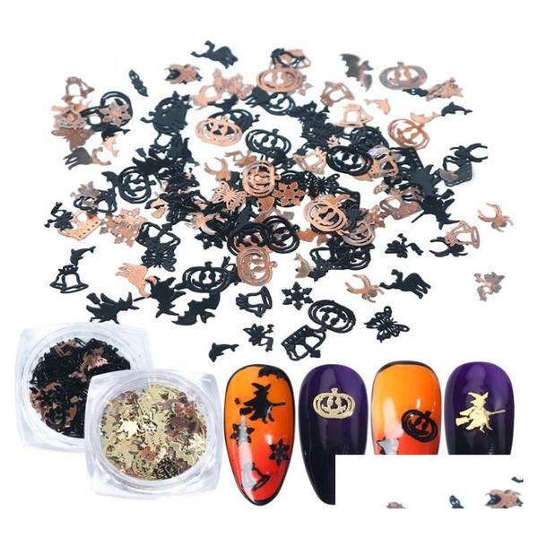 Decorações de arte de unhas 120 pcs Halloween adesivos remendo ouro preto metal abóbora bruxa aranha morcego ornamentos diy decoração manicure lantejoulas gl dh5u3