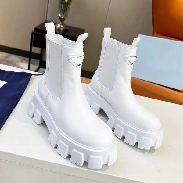 Botas confortáveis de couro genuíno para mulheres, botas de grife de luxo com painel de couro genuíno, tecido elástico, bico redondo, sola grossa, bota meia Martin casual