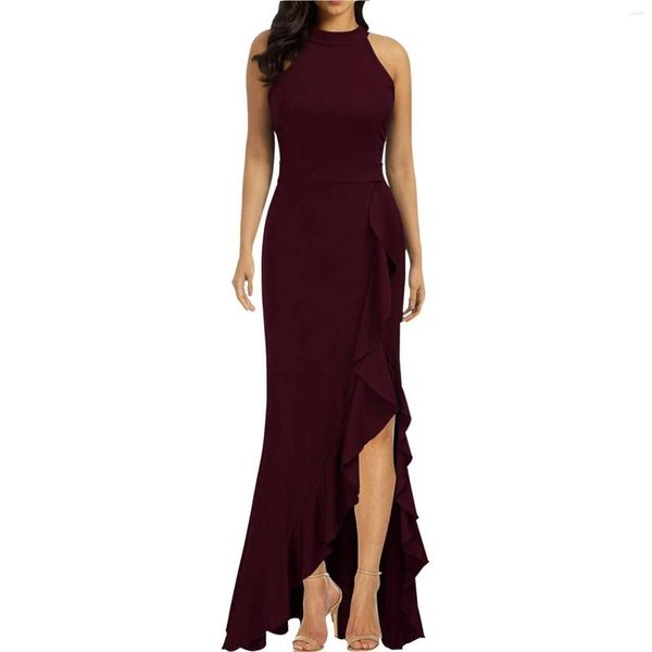 Lässige Kleider Elegantes schwarzes ärmelloses langes Kleid für Frauen Rüschenwickel plissiert schlanker Schlitz formelles Cocktail-Hochzeitsgastkleid Party-Robe