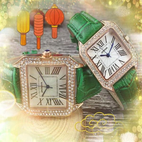 Beliebte Diamanten Ring Luxus Mann Frauen Uhren Dame Kleid Quadrat Römisches Zifferblatt Drei Pins Auto Datum Echtes Leder Gürtel Armbanduhr O234Q