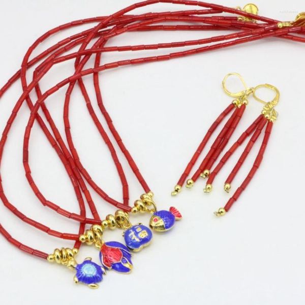 Collana Orecchini Set 4 Stile Corallo naturale Tubo rosso 2 Perline 7mm Gioielli Catena pendente Cloisonne color oro 18 pollici B3241