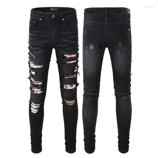 Jeans masculinos homens y2k angustiado desbotado preto streetwear moda magro ajuste calças jeans danificado bandana costela remendo rasgado magro jogging