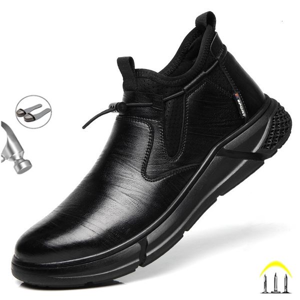 Botas de couro preto à prova d 'água sapatos de trabalho de segurança para homens aço toe escritório construção indestrutível calçado masculino 230922