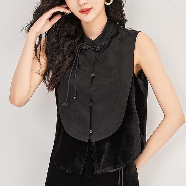 Damenblusen, Vintage-Hemden, elegant, für Damen, chinesischer Stil, ärmellose schwarze Bluse, Acetat-Patchwork-Seidensamt-Hemdoberteile