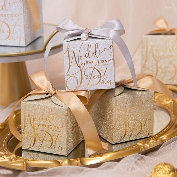 Подарочная упаковка, 10 шт., блестящая бумага, свадебные коробки для драже с лентами, жемчужные сувениры для детского душа, коробка конфет для упаковки