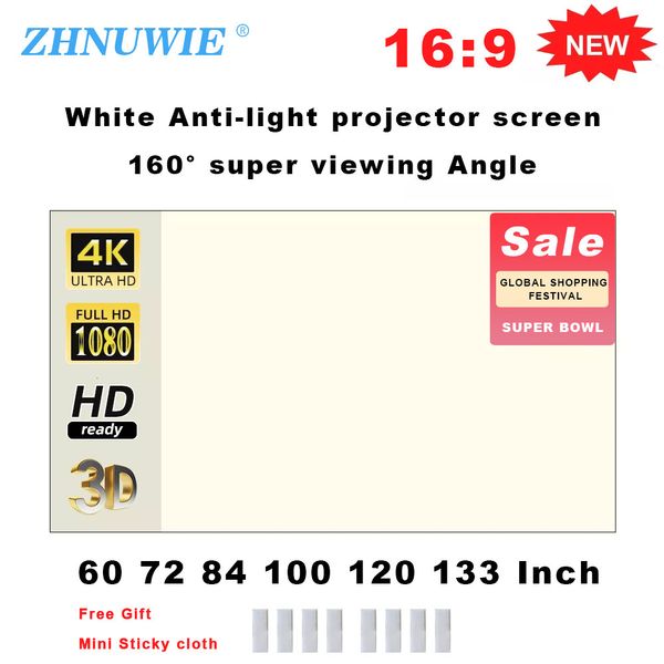 Projeksiyon Ekranları Zhnuwie Projektör Ekran Beyaz Grid Anti-Işık 16 9 Projeksiyon Ekranı 72 84 100 120 133 inç taşınabilir yansıtıcı kumaş 230923