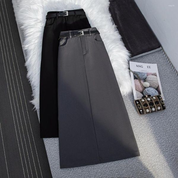 Юбки женские черные с высокой талией и боковым разрезом юбка-миди женская трапециевидная винтажная элегантная универсальная простая модная уличная одежда Y2k