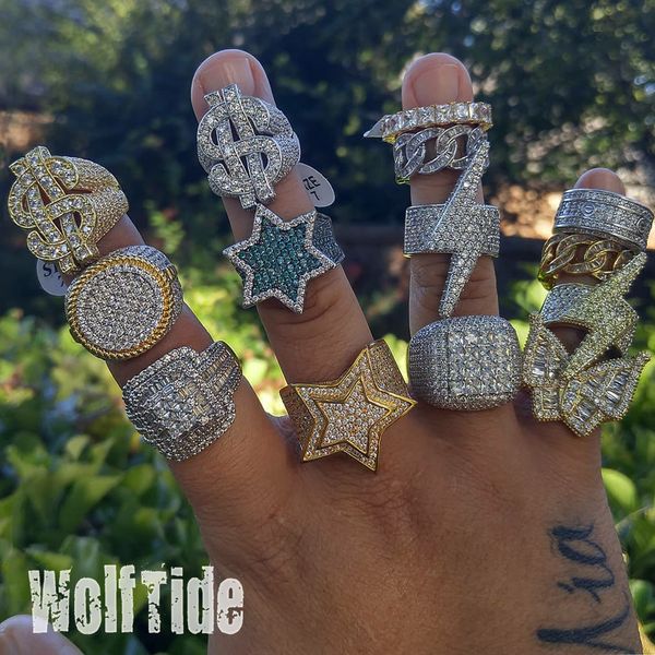 Tasarımcı18k Beyaz Altın Pentagram Hip Hop Hop Hop Ring Mens Buttergly Bling Kübik Zirkonya Guys Full Diamond Buzlu Çim Yaylı Çatal Cz Taş Baget Yıldız Rapçi Takı Bijoux Bo için