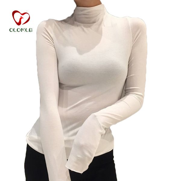 T-shirt da donna Top sexy Camicie da donna Camicia base tinta unita casual Manica lunga Collo alto Slim Top Nero Bianco T-shirt semplice tutto-fiammifero 230923