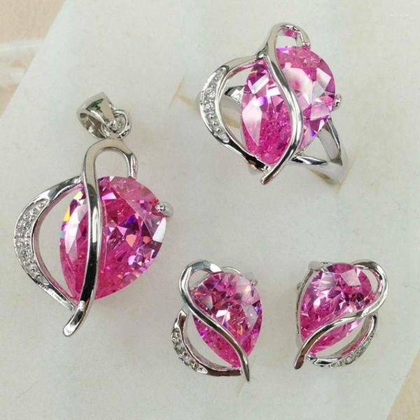 Kolye Küpe Seti Fleure Esme Kadın Nişan Düğünü (Yüzük/Küpe/Kolye) Aksesuarlar Pembe Kübik Zirkonya Rhodium