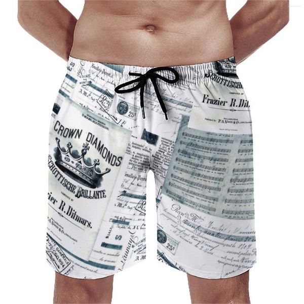 Shorts masculinos verão board spaper arte esportes vintage preto branco personalizado praia moda troncos de secagem rápida plus size