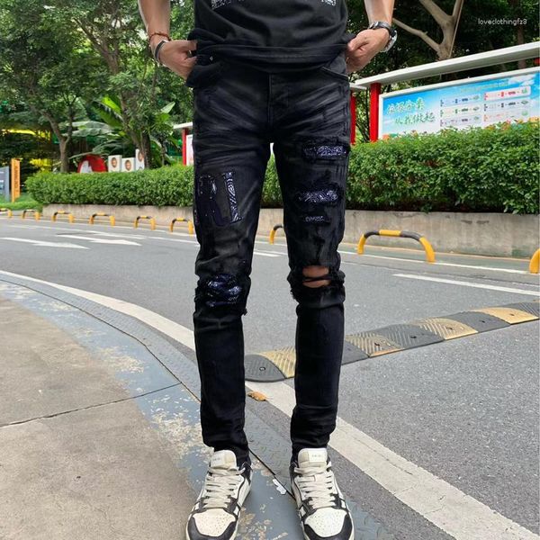 Мужские джинсы Уличная мода Мужские ретро черные серые эластичные узкие брюки с рваными синими нашивками Дизайнерские брендовые брюки в стиле хип-хоп Hombre