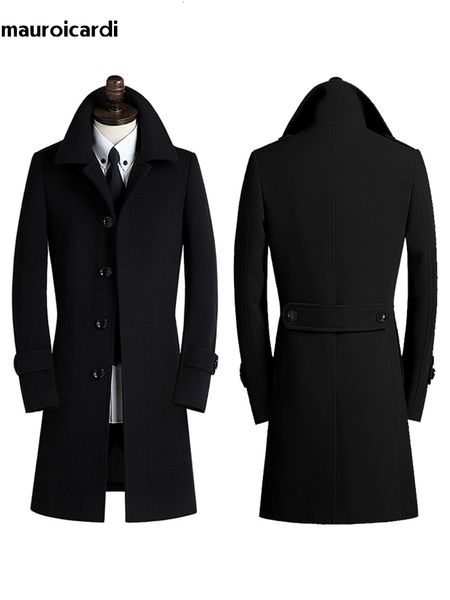 Мужское полушерстяное пальто Mauroicardi, осень-зима, длинное элегантное повседневное приталенное теплое черно-синее шерстяное пальто, мужское однобортное роскошное пальто из смесовой шерсти 230923