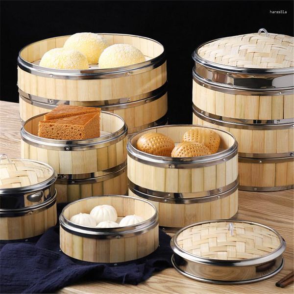 Cesta de bambu para vapor de alimentos, caldeiras duplas com faixa de aço inoxidável sem tampa, bolinhos de cozimento, gaiola dimsum, aparelho de cozinha