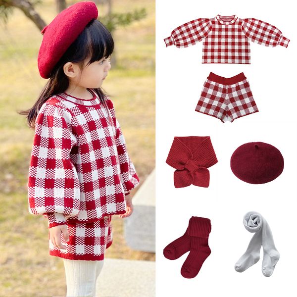 Kleidungssets Kinder Kleidung Sets Herbst Mädchen Laterne Ärmel Plaid Pullover Tops Shorts Kappe Strumpfhosen Kinder Casual Lose Anzüge 230922