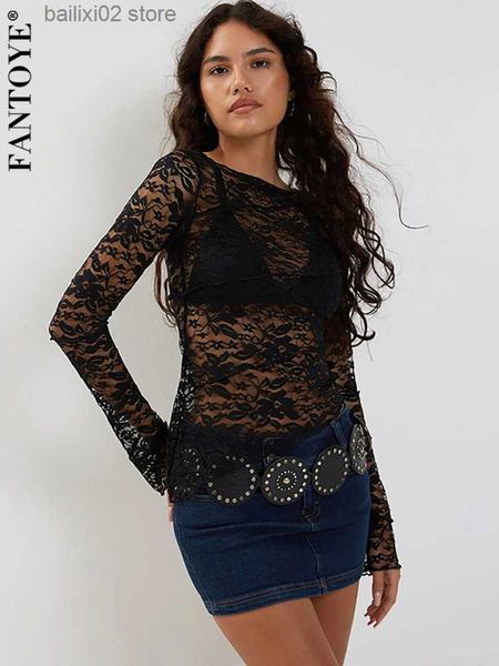 T-shirt da donna Fantoye Sexy See Through Lace T-shirt da donna Girocollo nero T-shirt a maniche lunghe Donna Summer Skinny Spicy Girl Streetwear 2023 T230923
