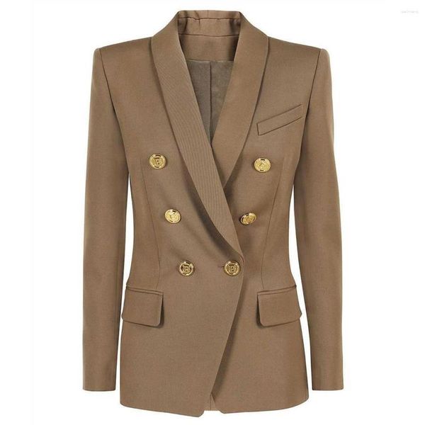 Damenanzüge, Khaki-Jacken-Blazer für Frauen, schlanker Designer-Zweireiher mit goldenen Knöpfen, weibliche Kleidung, rosa Business-Bürokleidung, formeller Mantel