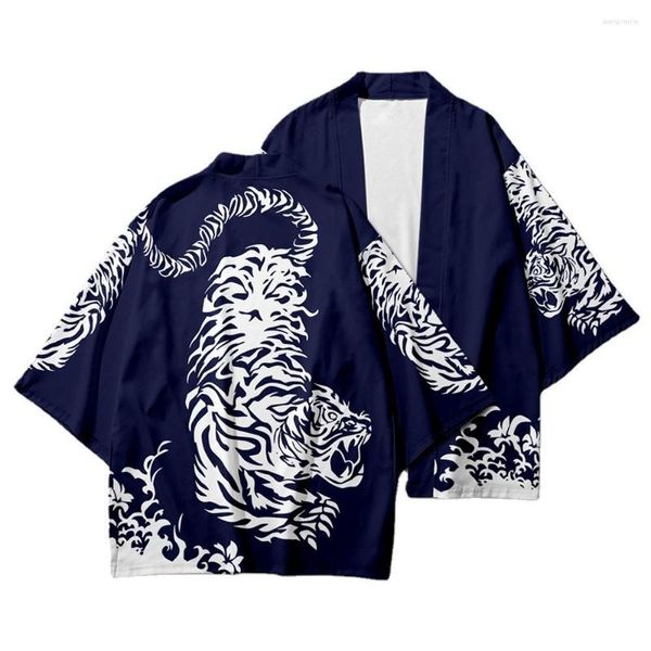 Roupas étnicas Azul Vermelho Moda Cardigan Homens Mulheres Praia Kimono Japonês Estilo Streetwear Tigre Impressão Verão Preto Haori Yukata Harajuku