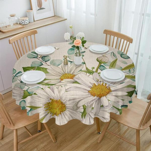 Tischdecke, Blumen, Gänseblümchen, Eukalyptusblätter, runde Tischdecke, Party, Küche, Abendessen, Urlaubsdekoration, wasserdichte Tischdecken