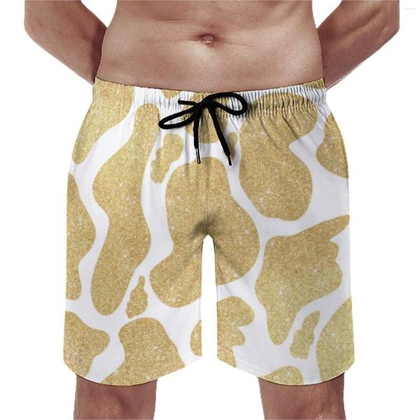 Shorts masculinos verão ginásio ouro branco vaca impressão esportes fitness glitter pontos impresso praia casual secagem rápida troncos de natação