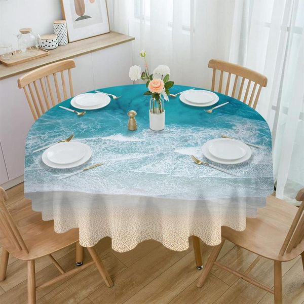 Toalha de mesa redonda com ondas de praia, toalha de mesa redonda para festa, cozinha, jantar, decoração de férias, à prova d'água