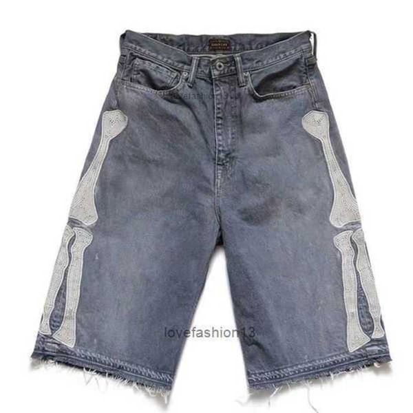 Herren-Shorts, Herren-Jeans, Kapital Hirata Hohiro, lockere, entspannte Hose, bestickte Bone-Wash-Jeansshorts mit rohen Kanten für