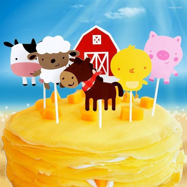 Suprimentos festivos 6 pc/conjunto cartão de inserção de bolo de aniversário bonito fazenda pequenos animais toppers frutas decoração picaretas