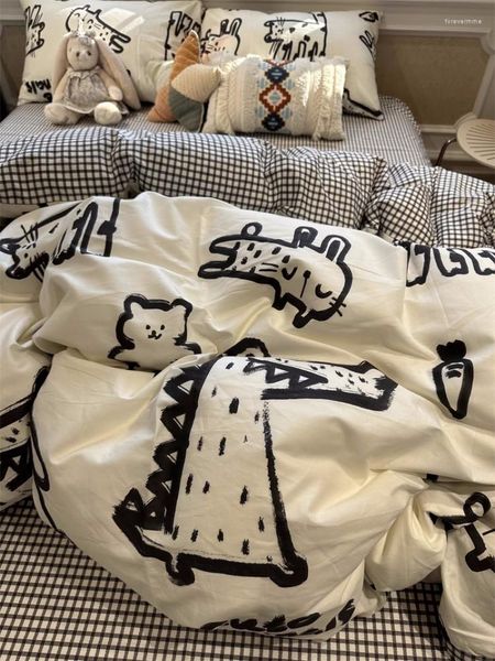 Bettwäsche-Sets, INS1,2–1,8 m, Schwarz-Weiß-Graffiti-Krokodil-Kätzchen-Bett-Set, bestehend aus vier Teilen, komplett aus Baumwolle, künstlerisches Bettbezug-Blatt