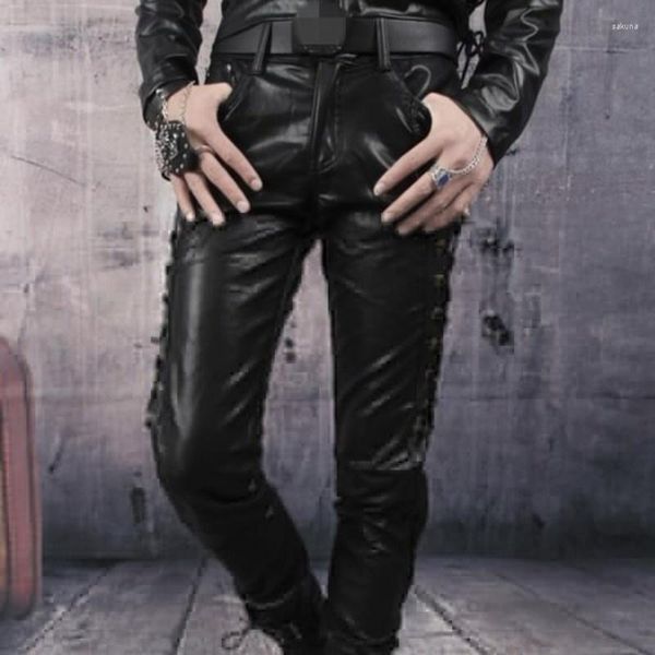 Männer Hosen Punk Stil Spitze Up Pu Leder Männer Herbst Straße Casual Zipper Hosen Mode Schwarz Motorrad Biker 5XL