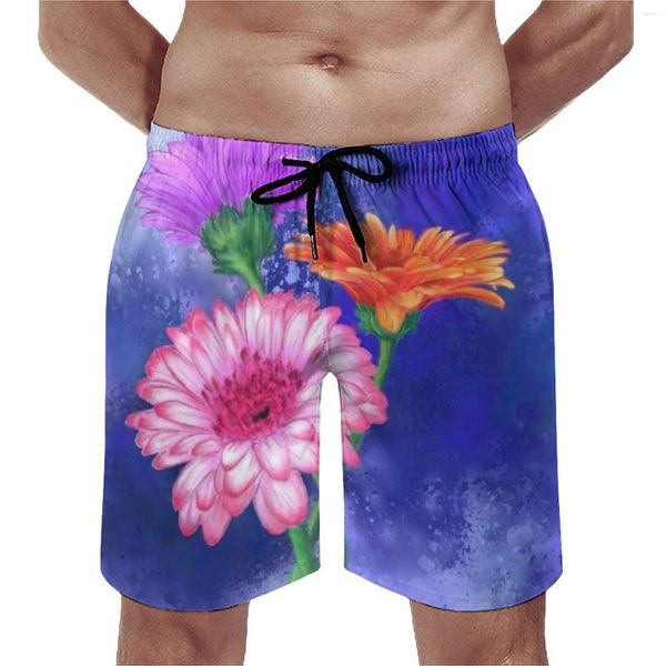 Shorts masculinos floral arte placa verão três cores gerberas esportes fitness praia calças curtas masculino confortável bonito troncos de natação gráficos