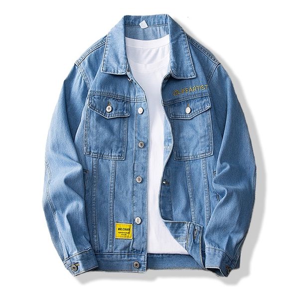 Männer Jacken Solide Lässige Brief Stickerei Denim Jacke Herbst Frühling Waschen Baumwolle Blau Schwarz Jaqueta Jeans Breite Taille Chaqueta Hombre mantel 230922