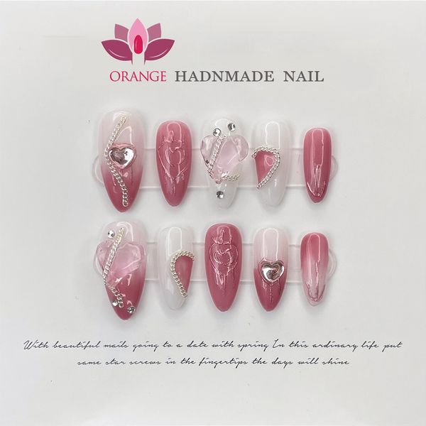 Unghie finte rosa stampate a mano su copertura completa manicure cuore giapponese artificiale indossabile con disegni Orange Store 230922