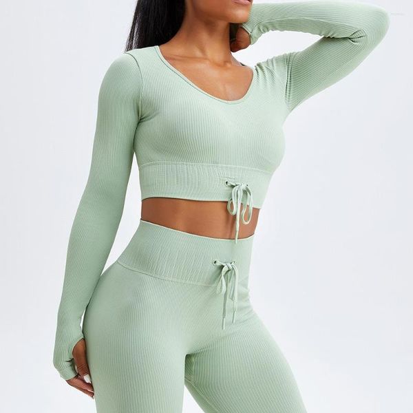 Camicie attive Stile Abbigliamento ad asciugatura rapida Body-building per yoga da donna con allacciatura e camicia sportiva attillata con ombelico esposto Manica lunga