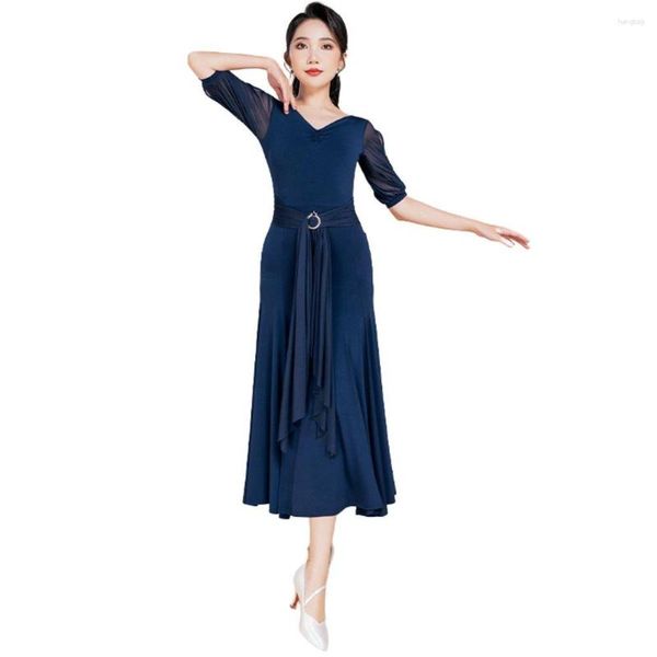 Palco desgaste valsa vestido de baile vestidos modernos dancewear manga curta v pescoço competição de dança traje desempenho roupas outfit