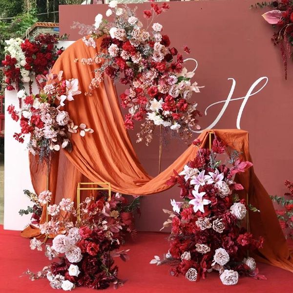 Flores decorativas vintage vermelho diy artificial rosa linha casamento arco fundo parede decoração para casa po prop arranjo de flores decoração