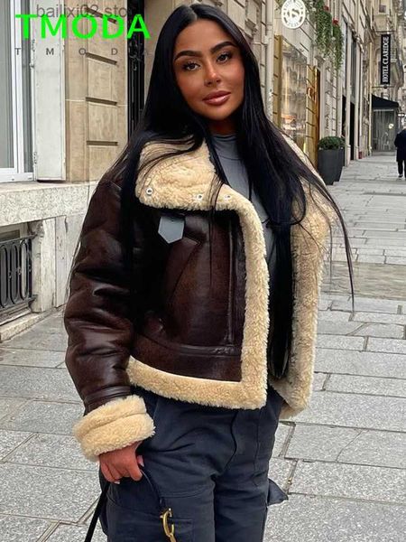 Damenjacken T MODA Frauen Mode Dicke Warme Kunstleder Shearling Jacke Brauner Mantel Vintage Langarm Klappentasche Weibliche Chic Oberbekleidung T230923